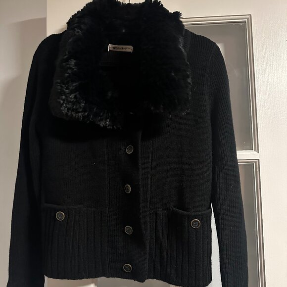 Calvin Klein button up sweater, black, with faux fur detail, size M/L - Picture 1 of 3